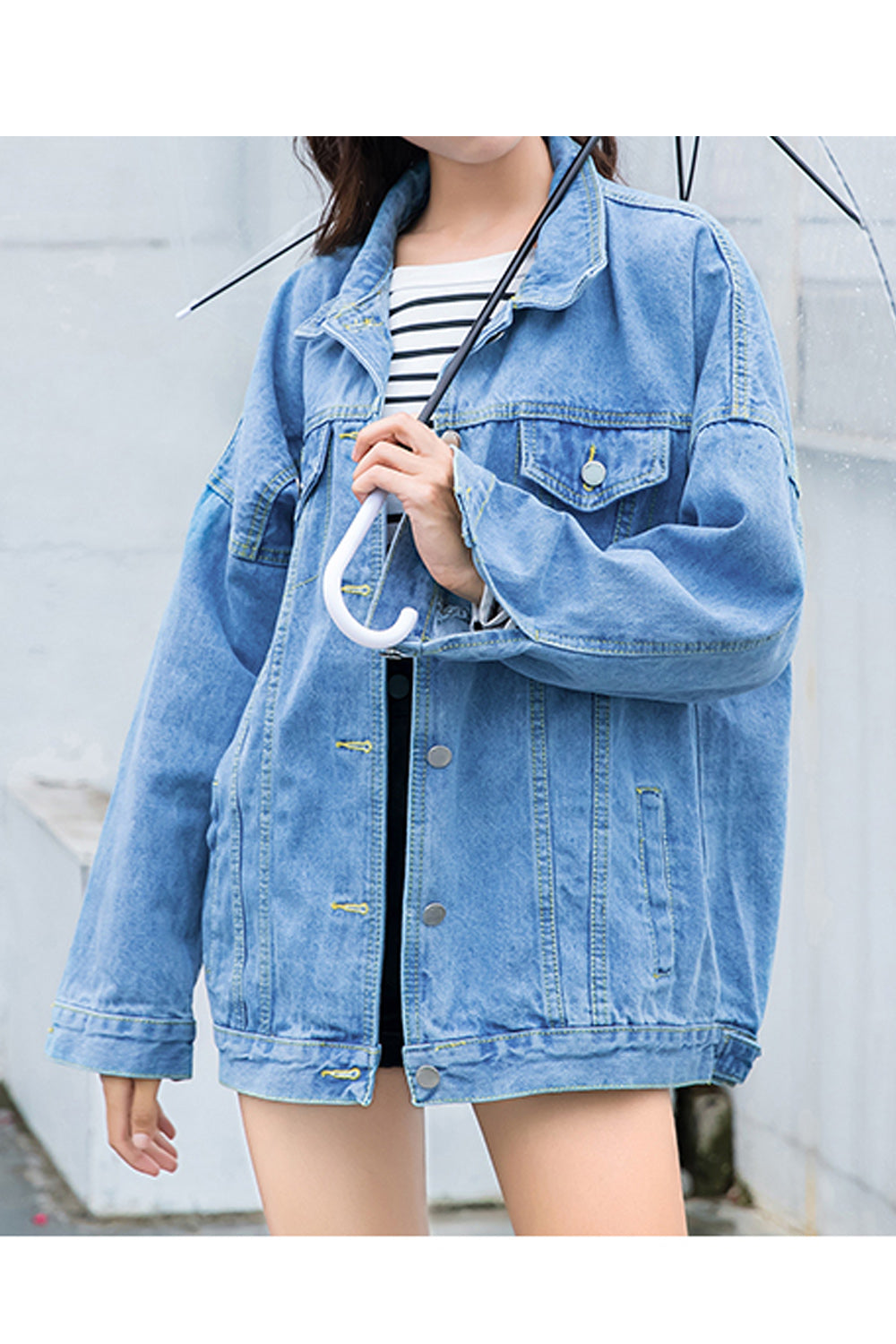 Women Breathable Loose Collar Neck Awesome Solid Pattern Denim Jacket