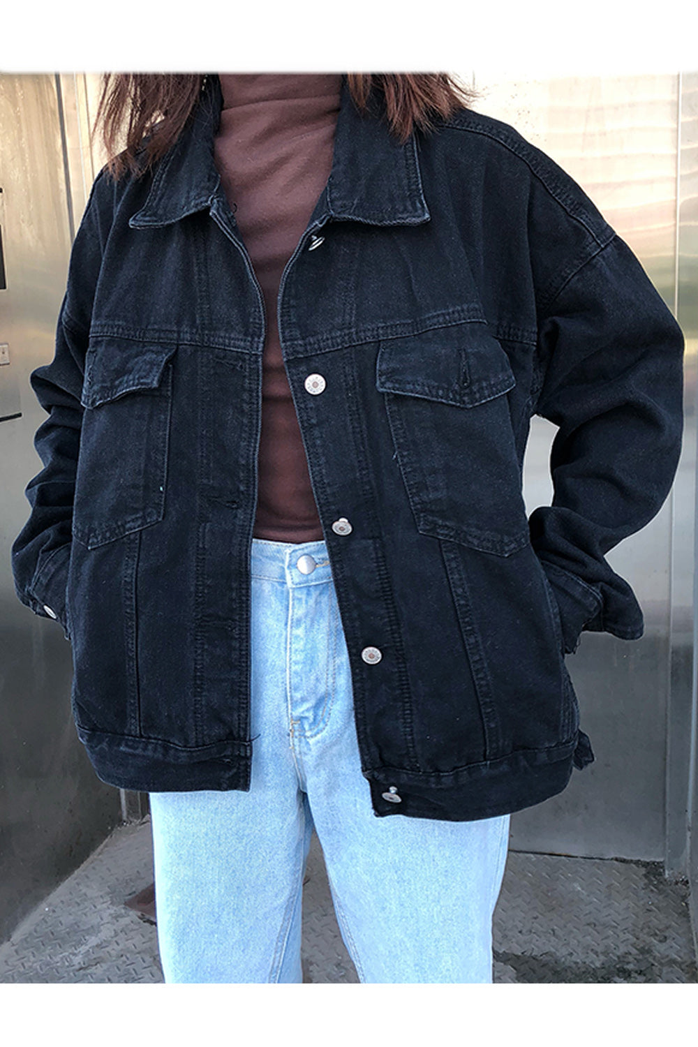 Women Button Closure Classy Solid Pattern Long Sleeve Superb Collar Neck Denim Jacket