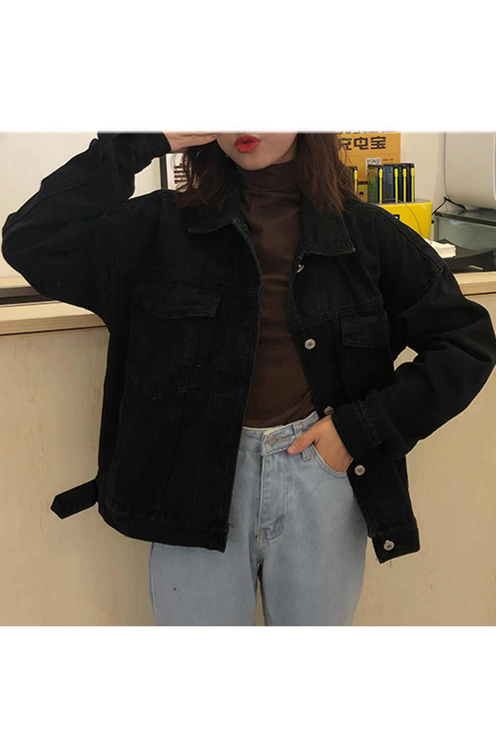 Women Button Closure Classy Solid Pattern Long Sleeve Superb Collar Neck Denim Jacket