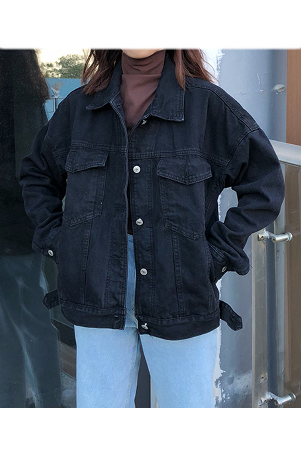 Women Button Closure Classy Solid Pattern Long Sleeve Superb Collar Neck Denim Jacket