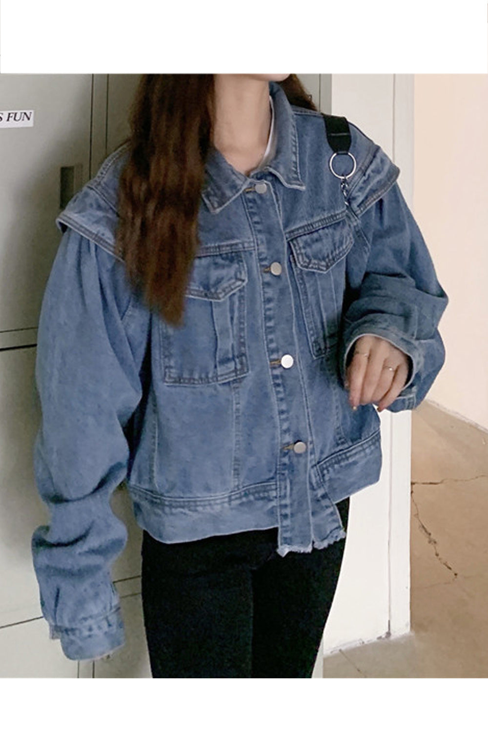 Women Loose Long Sleeve Elegant Collar Neck Button Closure Easy Denim Jacket