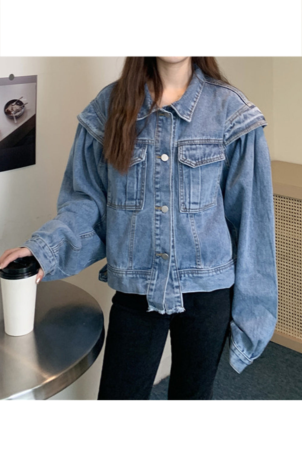 Women Loose Long Sleeve Elegant Collar Neck Button Closure Easy Denim Jacket