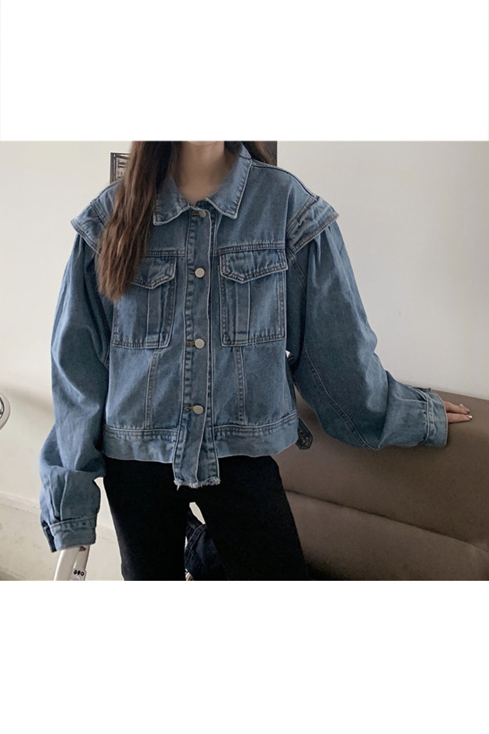 Women Loose Long Sleeve Elegant Collar Neck Button Closure Easy Denim Jacket