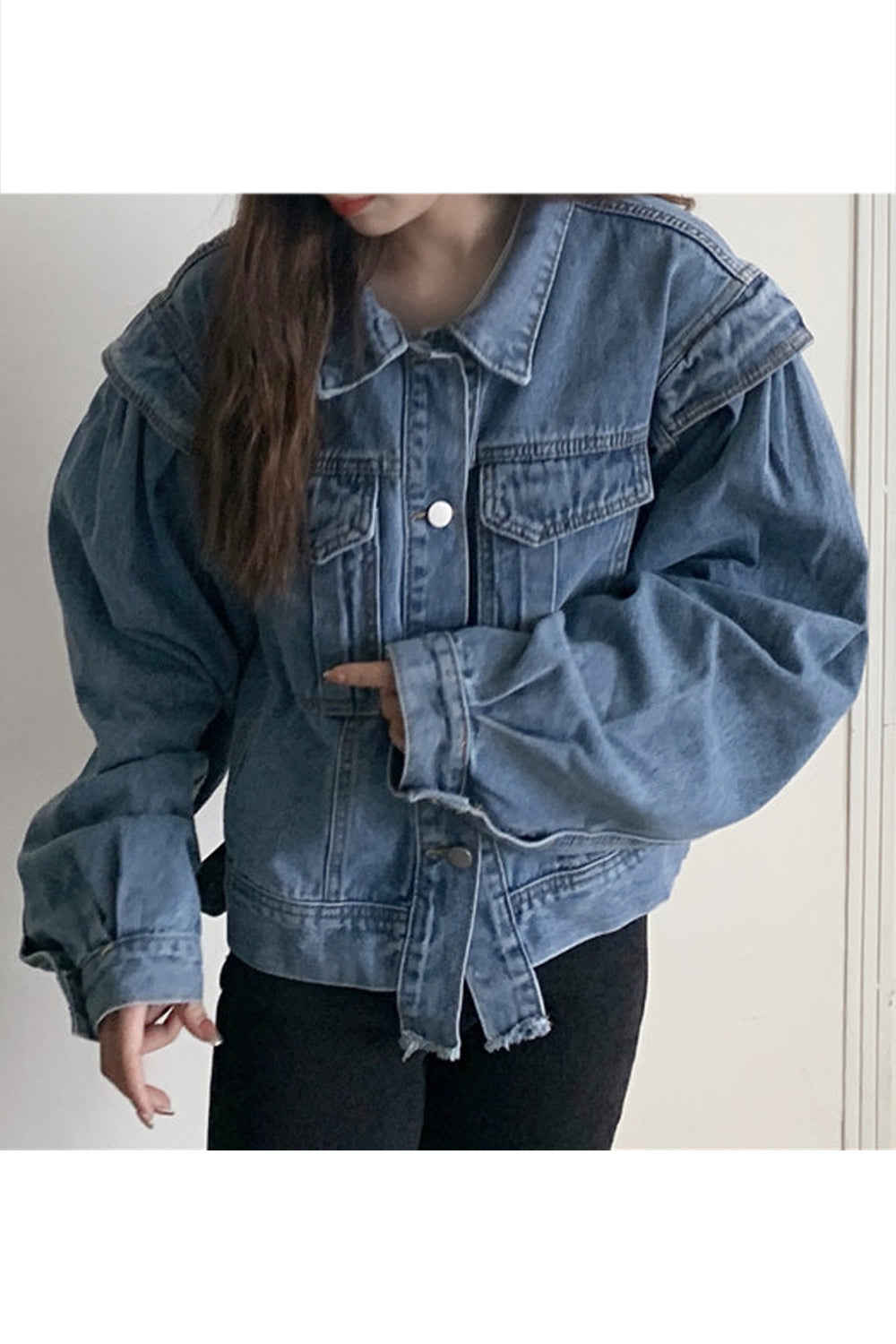 Women Loose Long Sleeve Elegant Collar Neck Button Closure Easy Denim Jacket