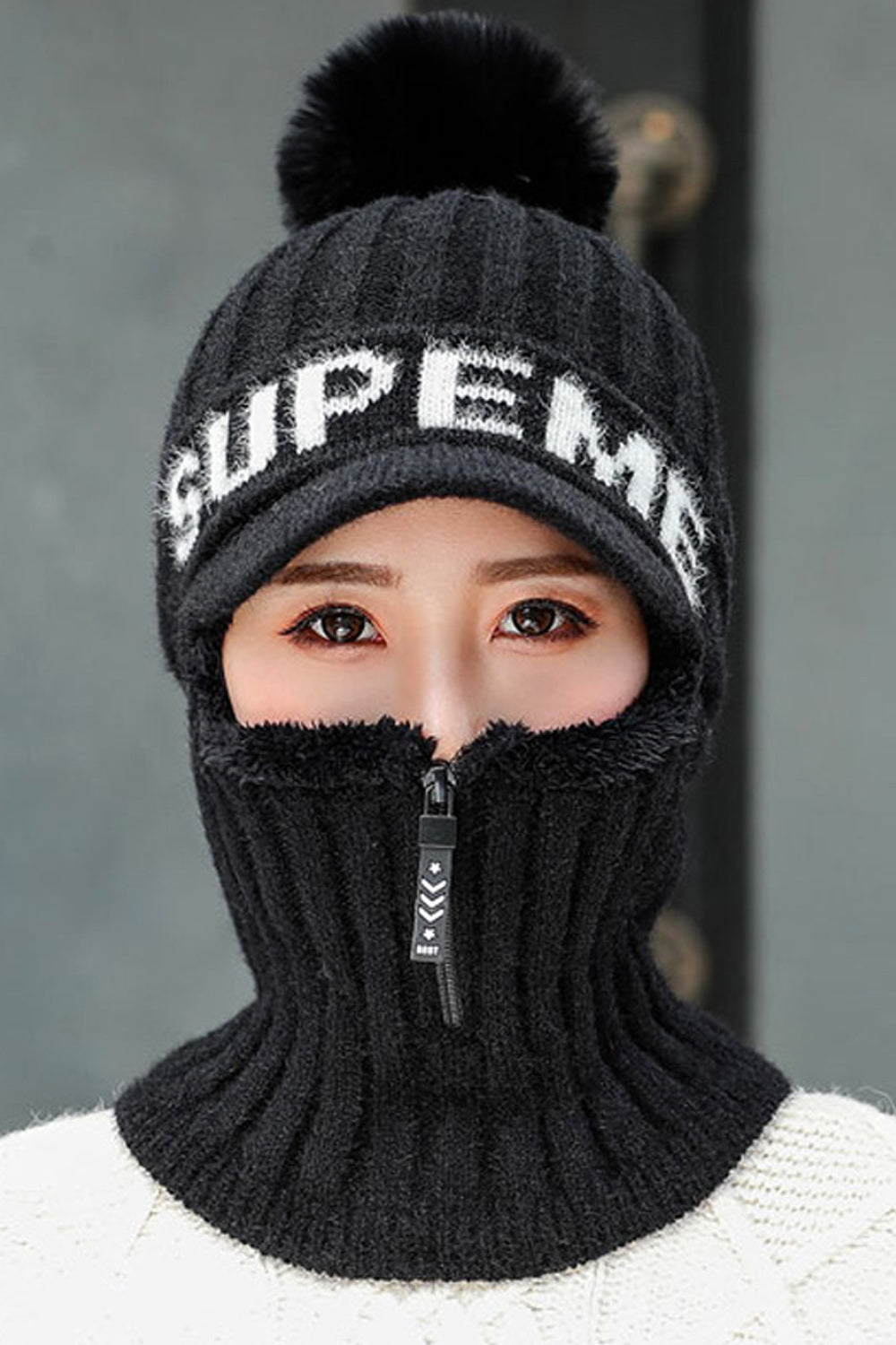 Women Small Zipper Letter Pattern Hair Ball Decorated Classy Knitted Hat