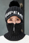 Women Small Zipper Letter Pattern Hair Ball Decorated Classy Knitted Hat