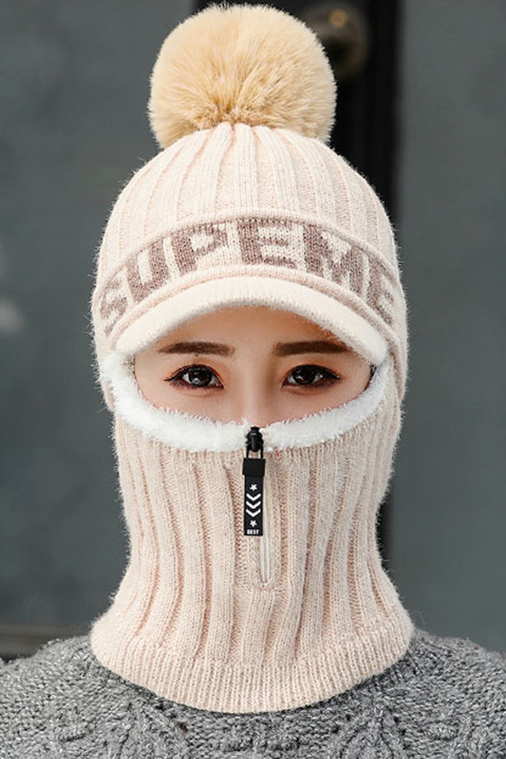 Women Small Zipper Letter Pattern Hair Ball Decorated Classy Knitted Hat
