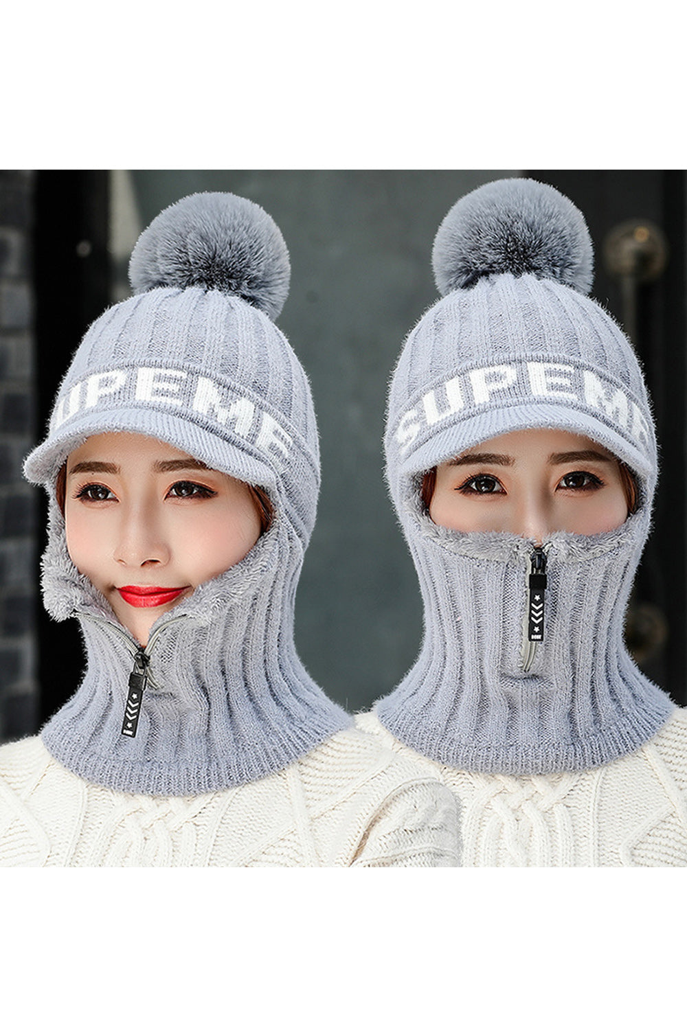 Women Small Zipper Letter Pattern Hair Ball Decorated Classy Knitted Hat