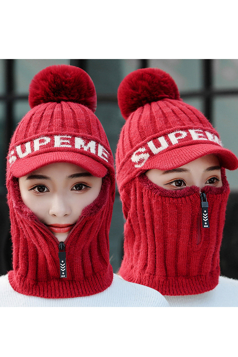 Women Small Zipper Letter Pattern Hair Ball Decorated Classy Knitted Hat