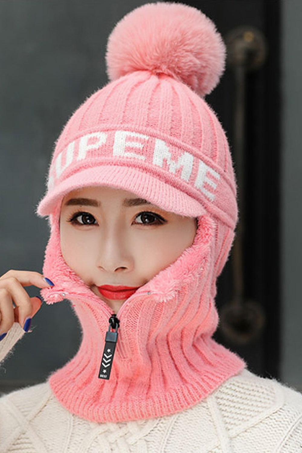 Women Small Zipper Letter Pattern Hair Ball Decorated Classy Knitted Hat