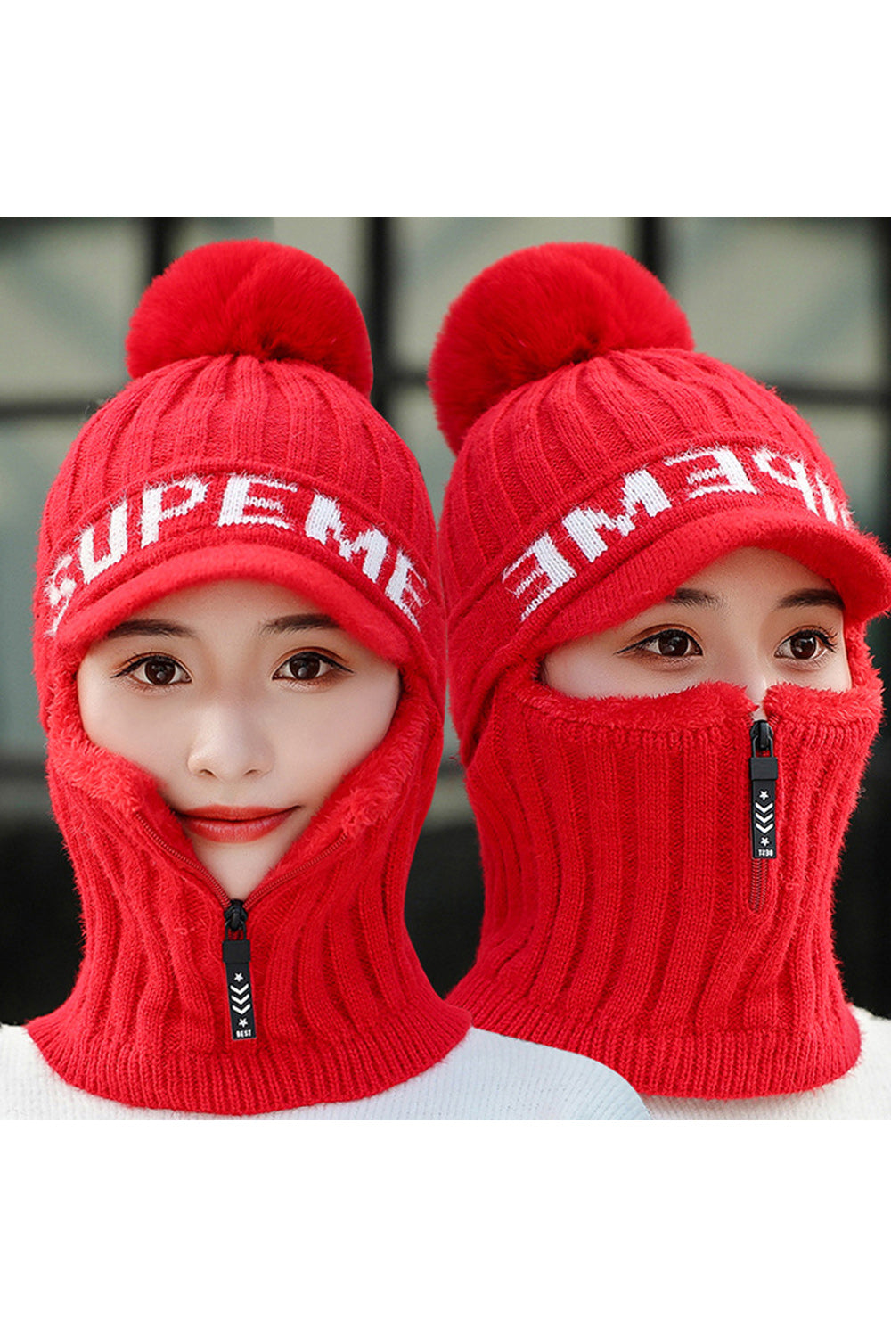 Women Small Zipper Letter Pattern Hair Ball Decorated Classy Knitted Hat