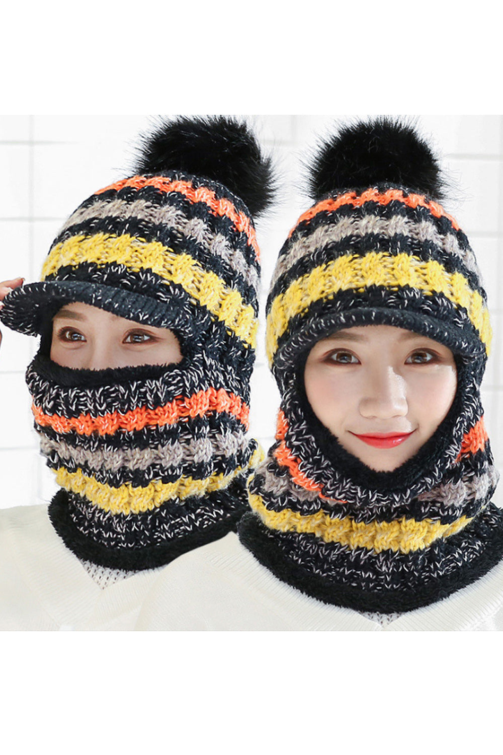 Women Windproof Outdoor Hair Ball Attached Casual Knitted Hat