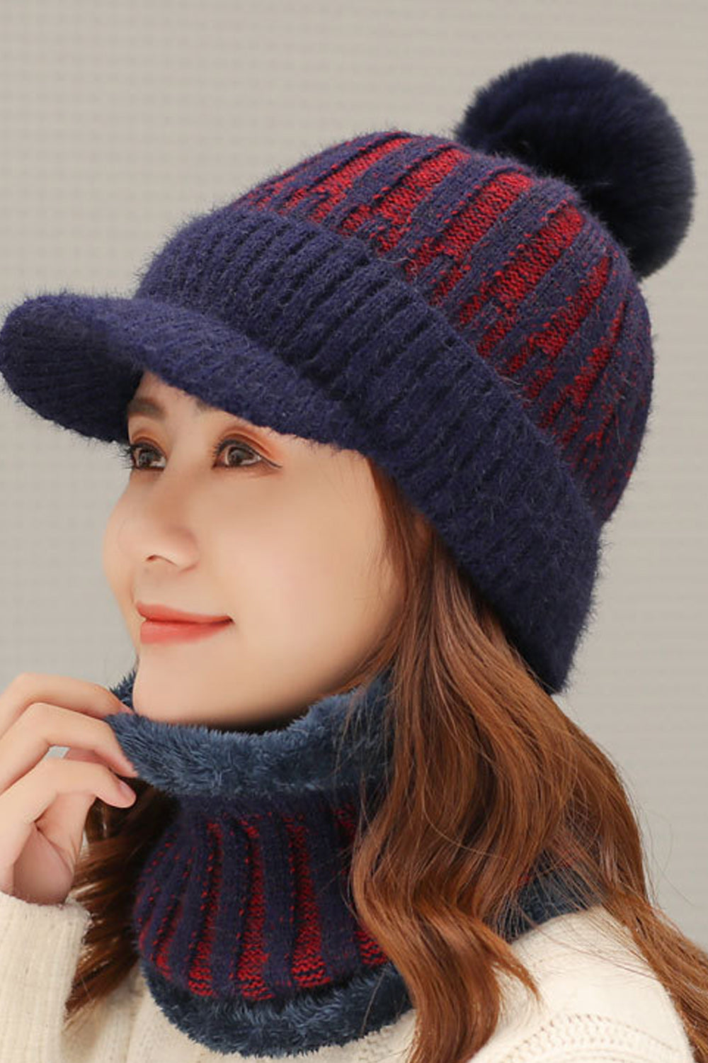 Women Warm Outdoor Hair Ball Decorated Knitted Hat
