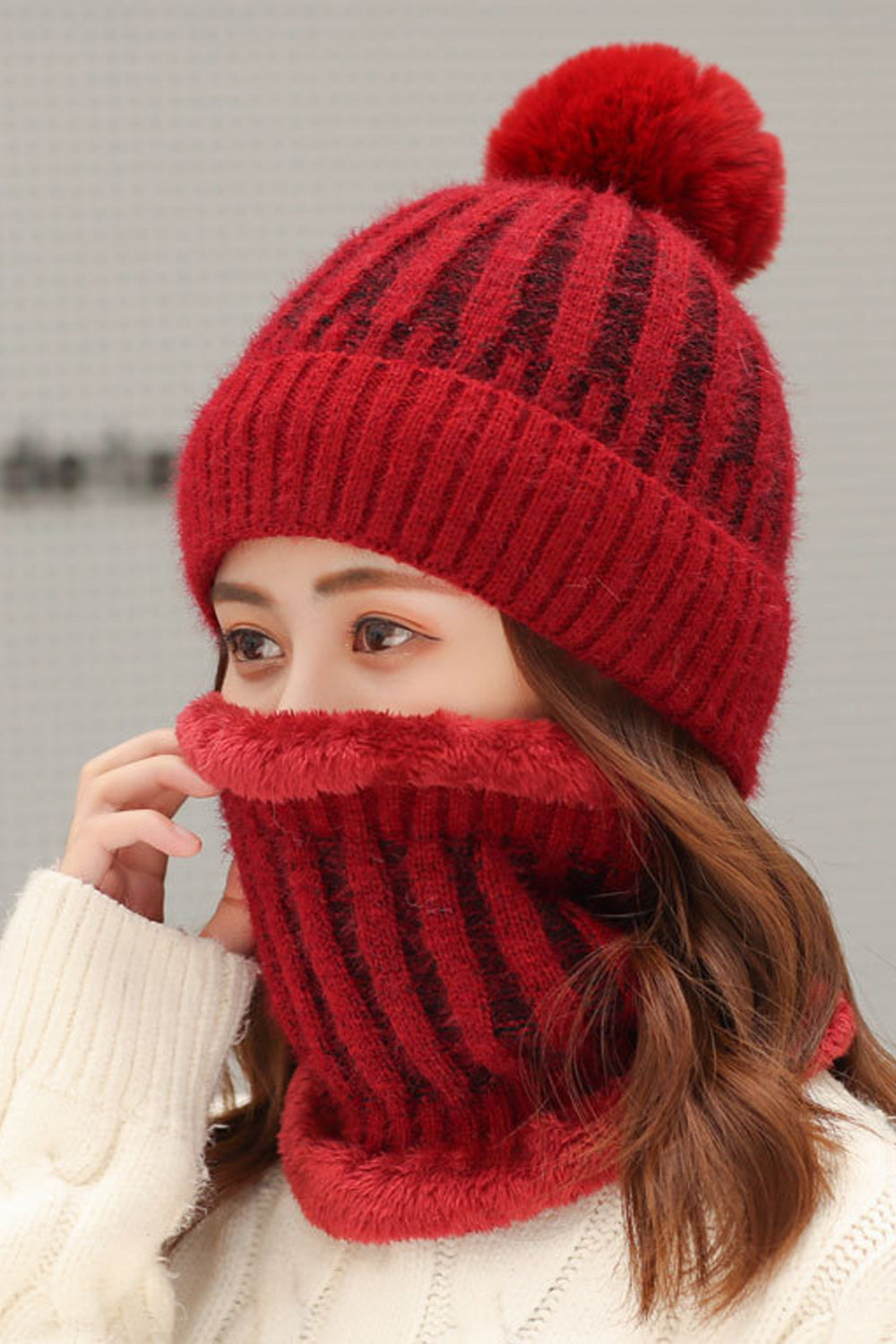 Women Warm Outdoor Hair Ball Decorated Knitted Hat