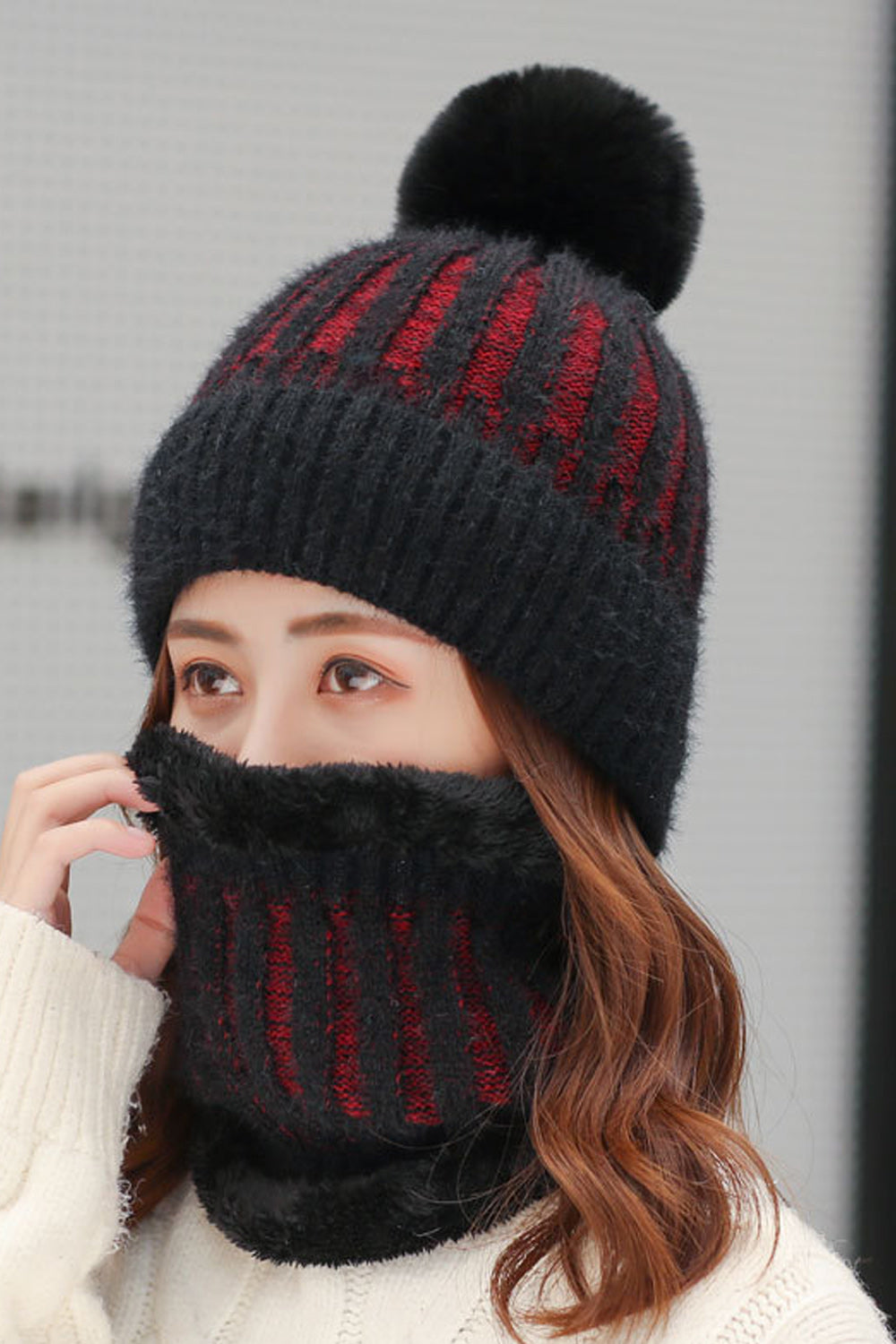 Women Warm Outdoor Hair Ball Decorated Knitted Hat
