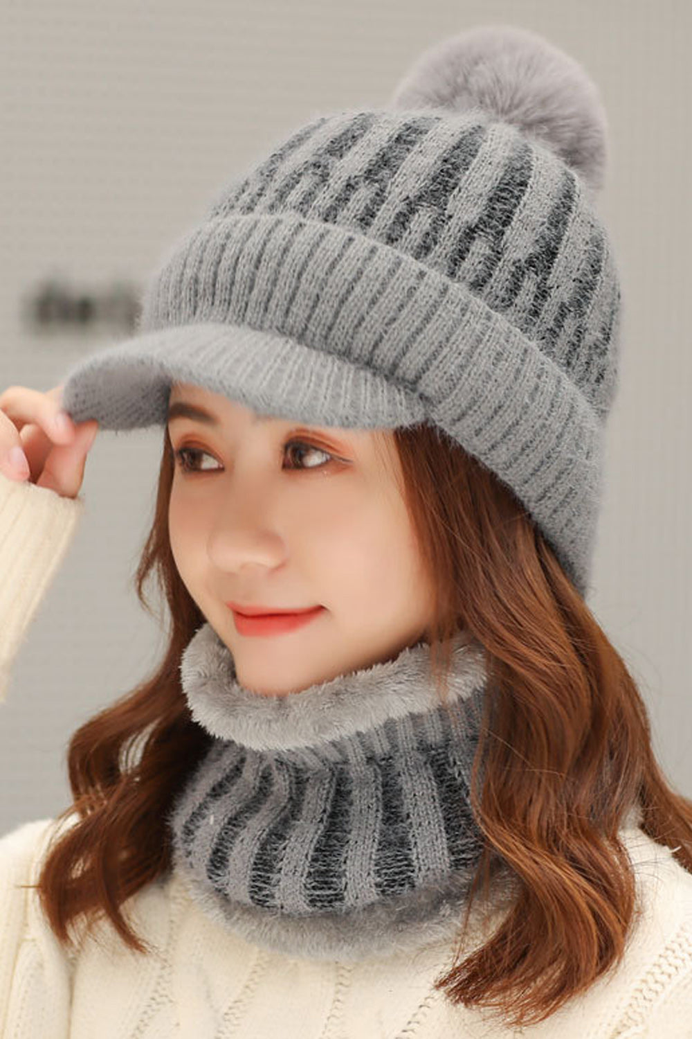Women Warm Outdoor Hair Ball Decorated Knitted Hat