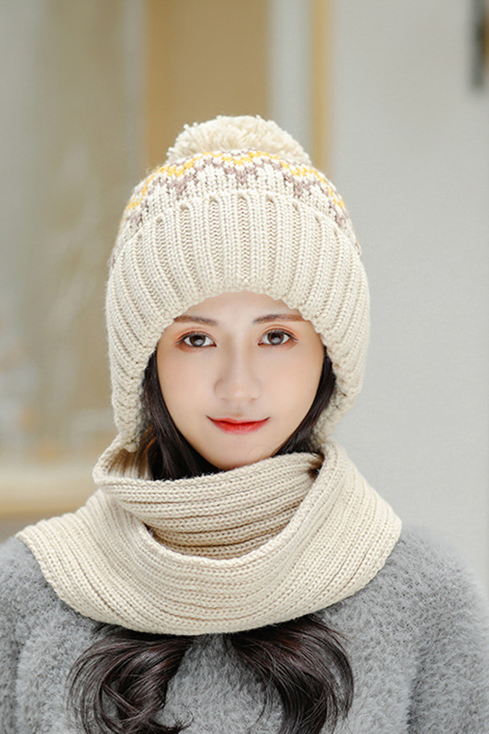 Women Hair Ball Attached Classy Printed Style Cozy Knitted Hat
