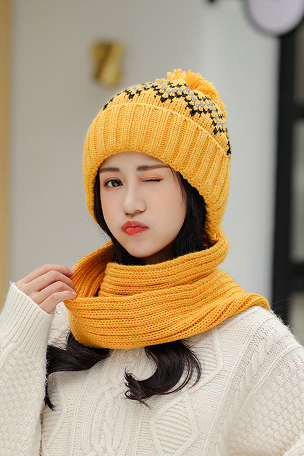 Women Hair Ball Attached Classy Printed Style Cozy Knitted Hat