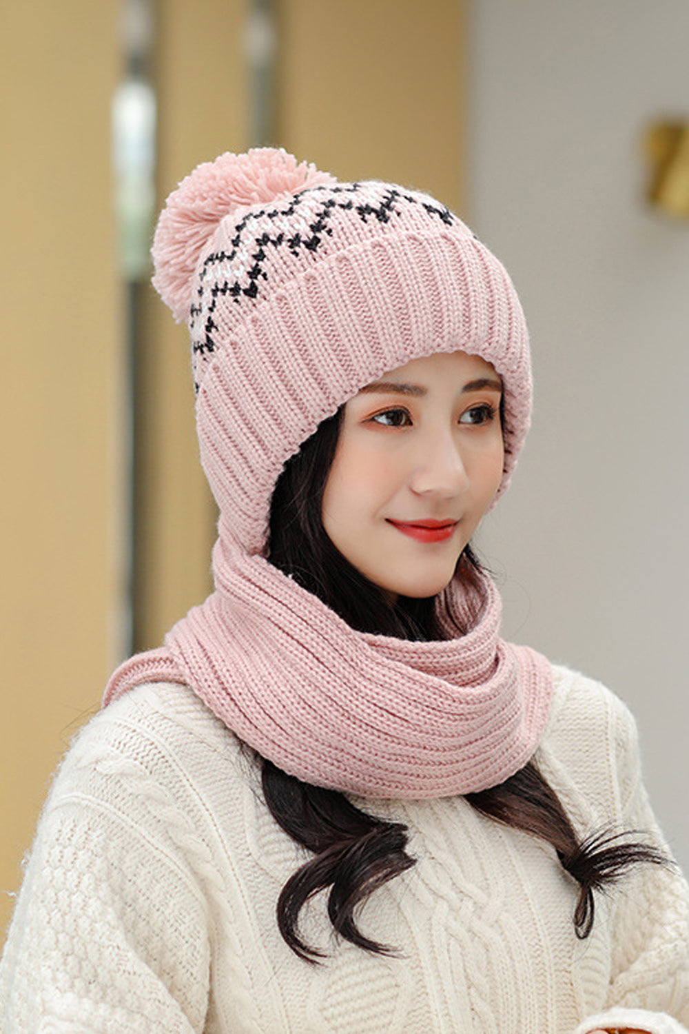 Women Hair Ball Attached Classy Printed Style Cozy Knitted Hat