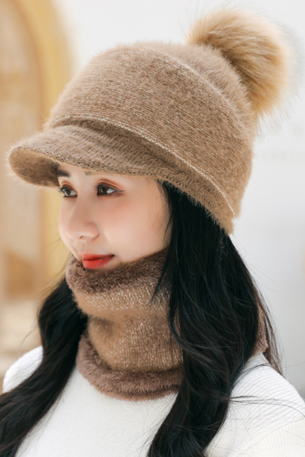 Women Outdoor Windproof Solid Colored Hair Ball Cozy Knitted Hat