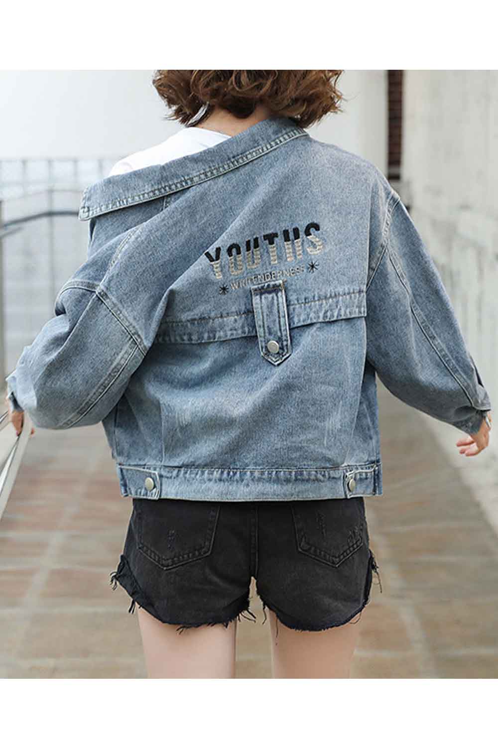Women Letter Pattern Winter Season Long Sleeve Modern Warm Denim Jacket