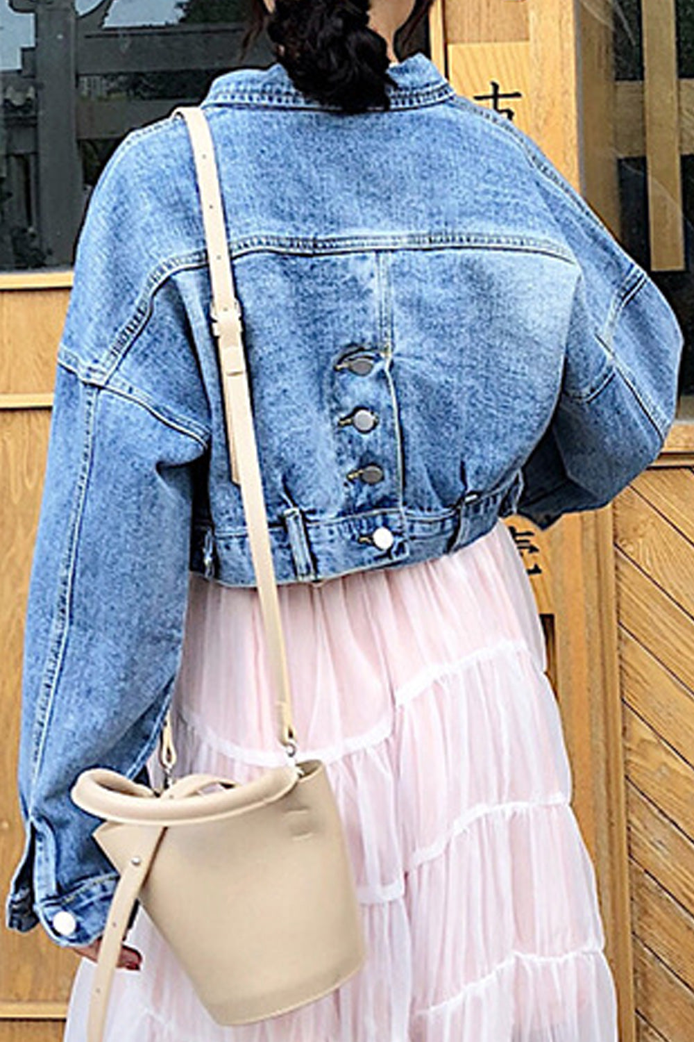 Women Short Length Classy Bat Long Sleeve Loose Solid Pattern Denim Jacket