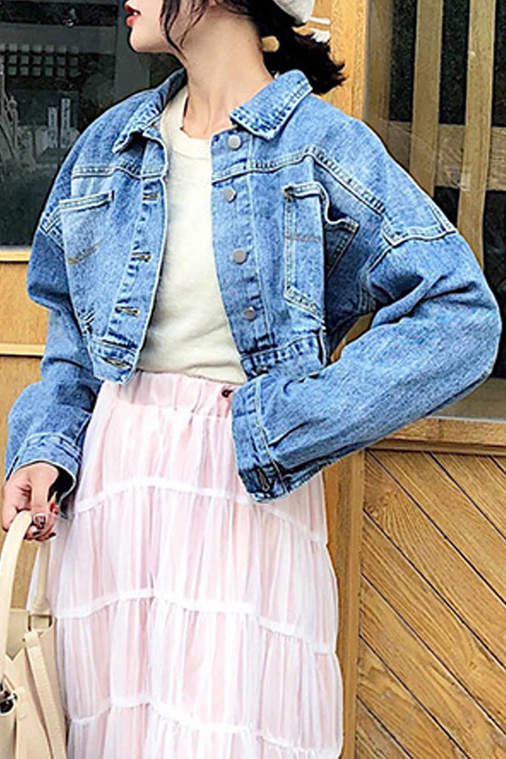 Women Short Length Classy Bat Long Sleeve Loose Solid Pattern Denim Jacket