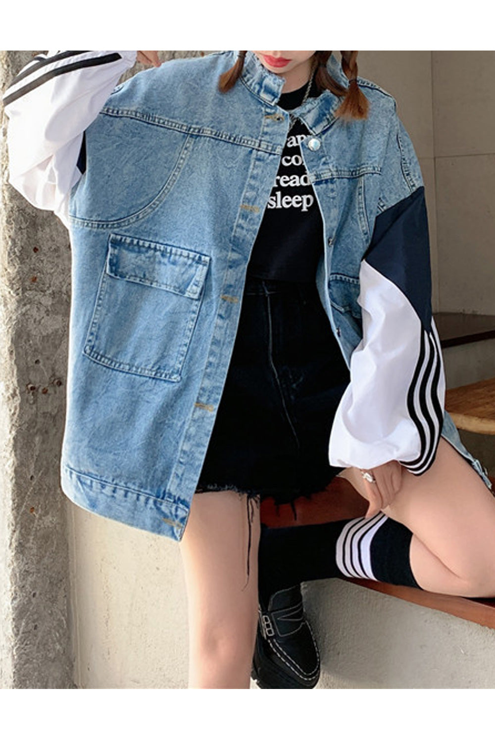Women Long Sleeve Loose Mid Length Wind Proof Solid Pattern Autumn Awesome Denim Jacket