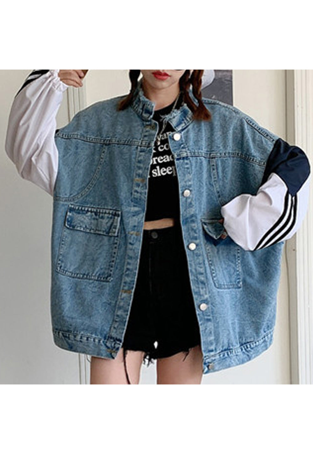 Women Long Sleeve Loose Mid Length Wind Proof Solid Pattern Autumn Awesome Denim Jacket