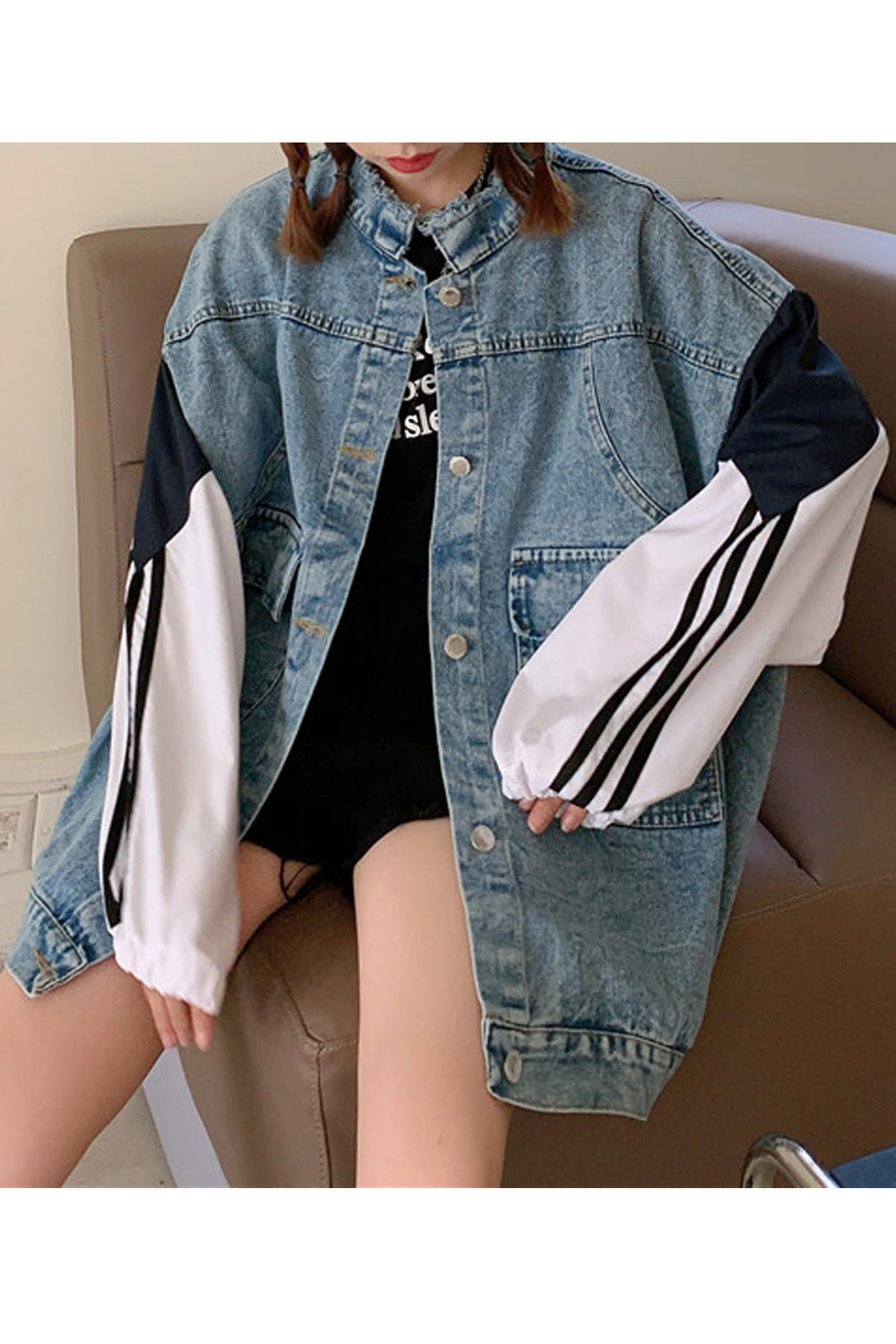 Women Long Sleeve Loose Mid Length Wind Proof Solid Pattern Autumn Awesome Denim Jacket