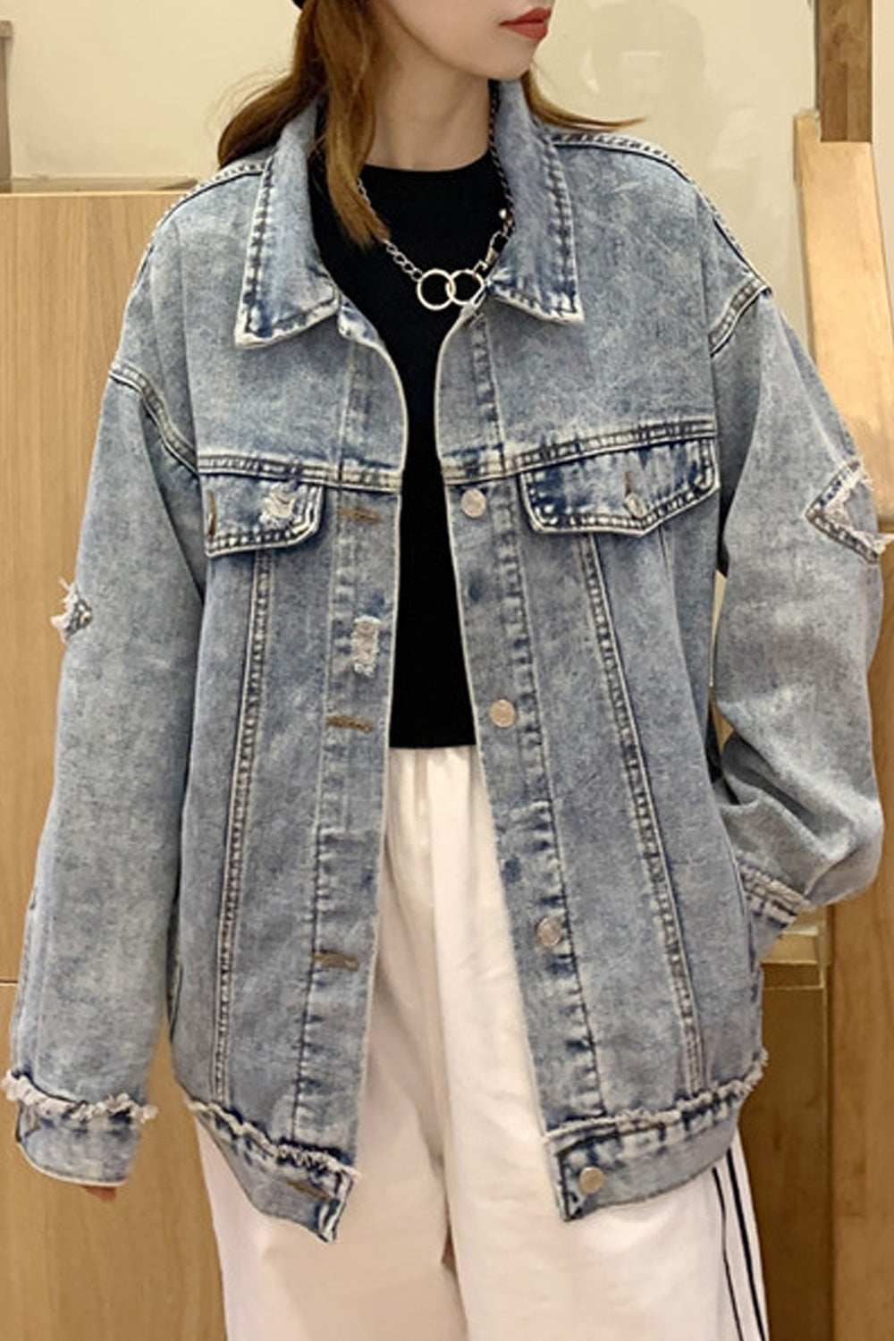 Women Soft Solid Colored Loose Long Sleeve Modish Collar Neck Denim Jacket
