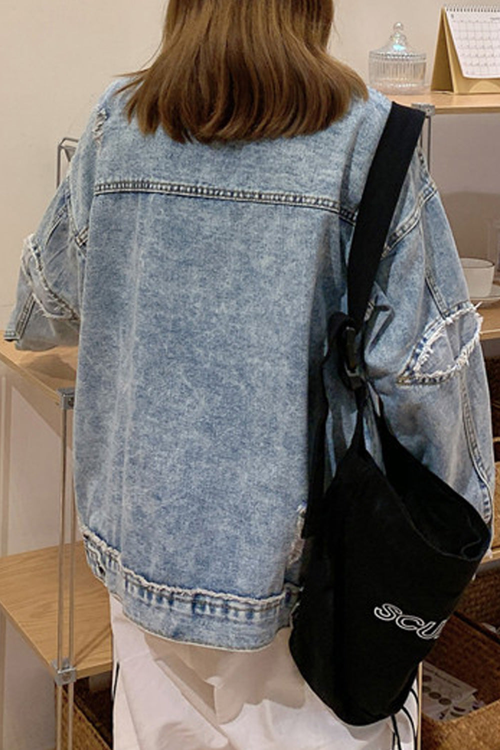 Women Soft Solid Colored Loose Long Sleeve Modish Collar Neck Denim Jacket
