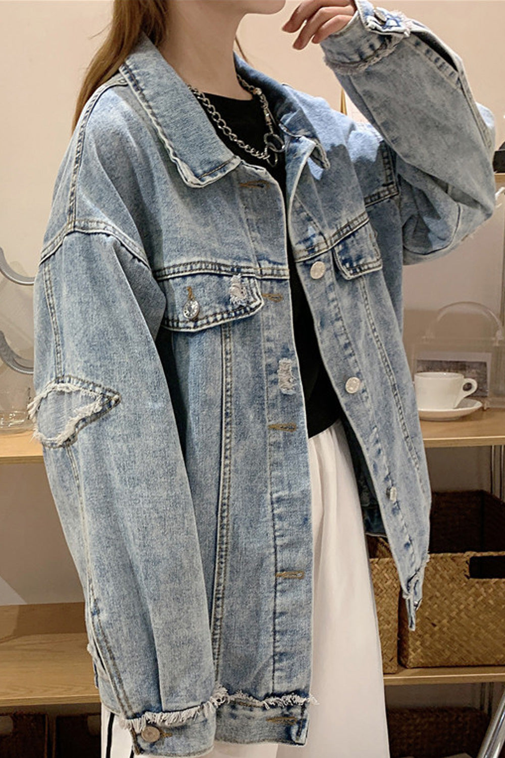 Women Soft Solid Colored Loose Long Sleeve Modish Collar Neck Denim Jacket