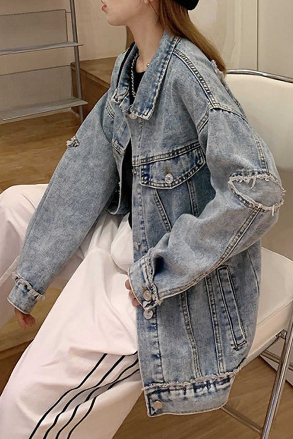 Women Soft Solid Colored Loose Long Sleeve Modish Collar Neck Denim Jacket