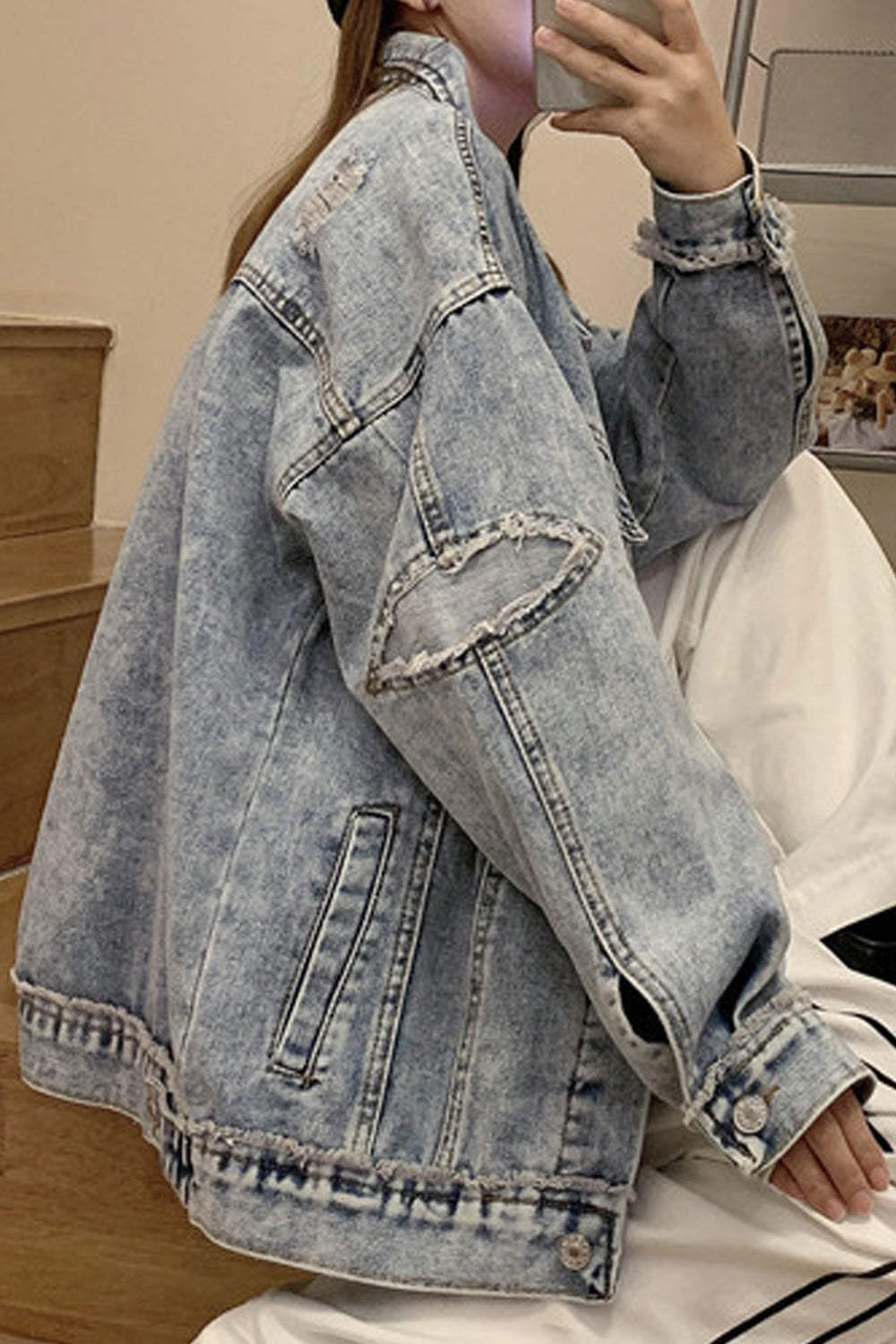 Women Soft Solid Colored Loose Long Sleeve Modish Collar Neck Denim Jacket