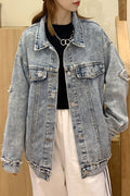 Women Soft Solid Colored Loose Long Sleeve Modish Collar Neck Denim Jacket