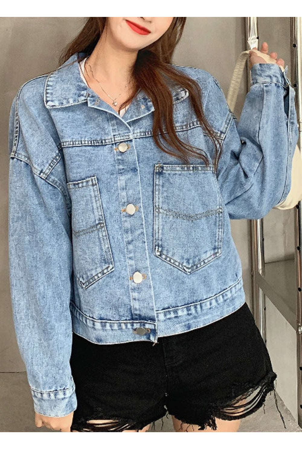 Women Pocket Styling Magnificent Solid Colored Thick Awesome Denim Jacket