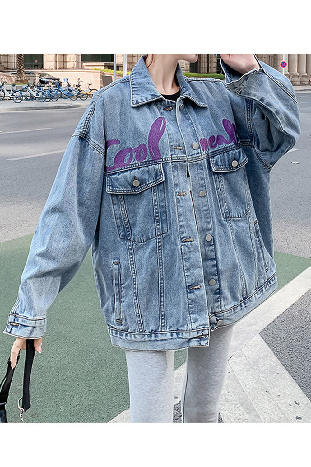 Women Printed Style Button Closure Loose Long Sleeve Awesome Collar Neck Denim Jacket