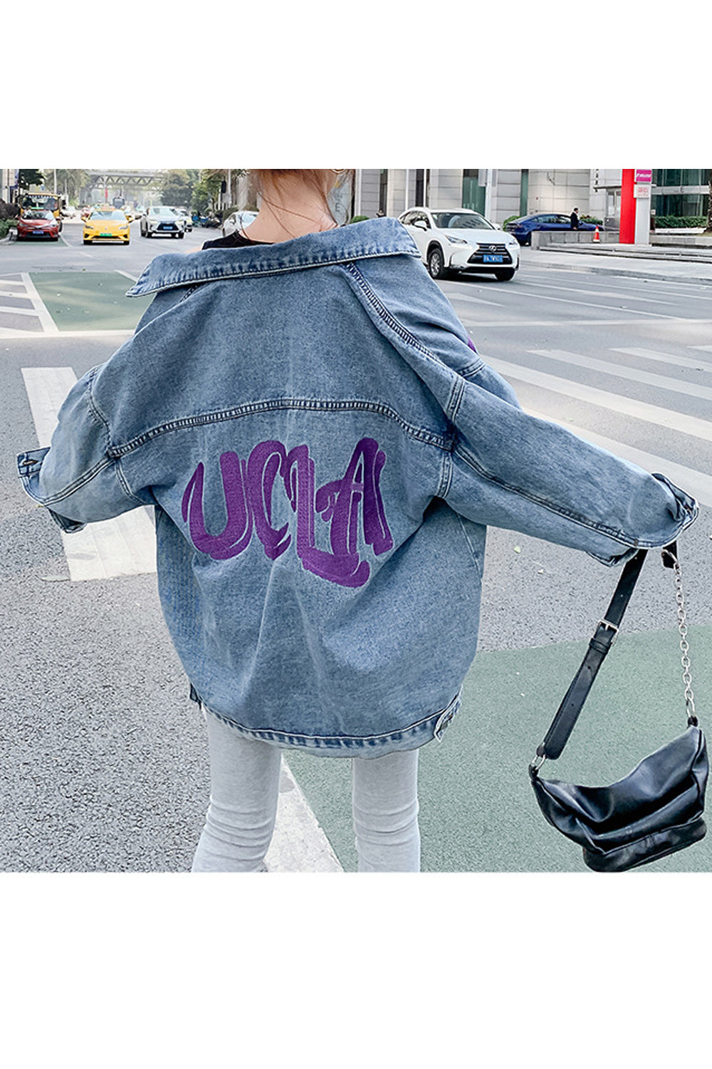 Women Printed Style Button Closure Loose Long Sleeve Awesome Collar Neck Denim Jacket