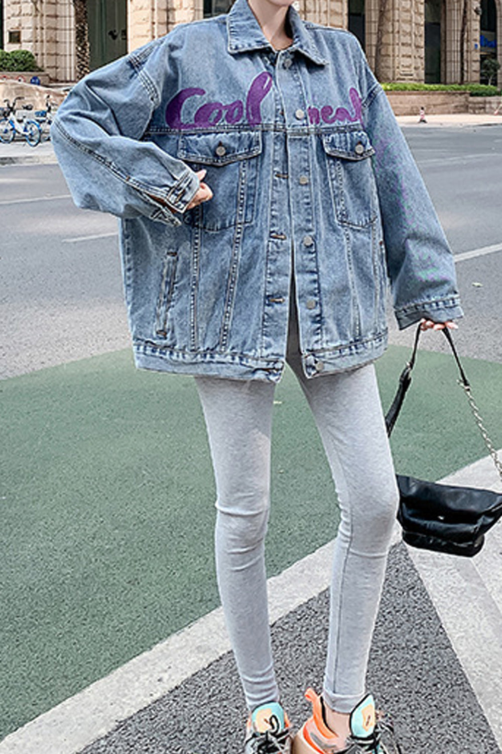 Women Printed Style Button Closure Loose Long Sleeve Awesome Collar Neck Denim Jacket