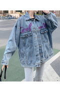 Women Printed Style Button Closure Loose Long Sleeve Awesome Collar Neck Denim Jacket