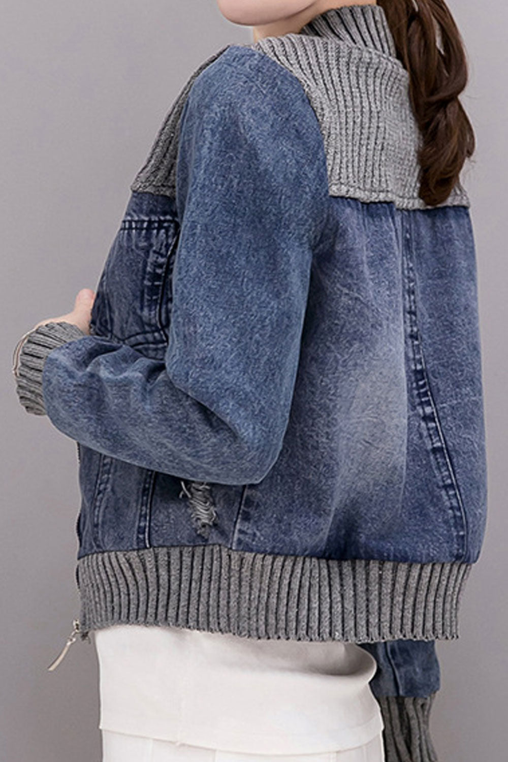 Women Easy Round Neck Warm Elastic Cuff & Hem Long Sleeve Zipper Closure Denim Jacket