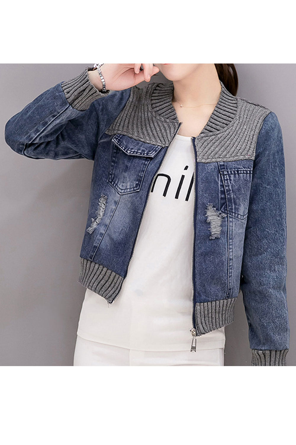 Women Easy Round Neck Warm Elastic Cuff & Hem Long Sleeve Zipper Closure Denim Jacket