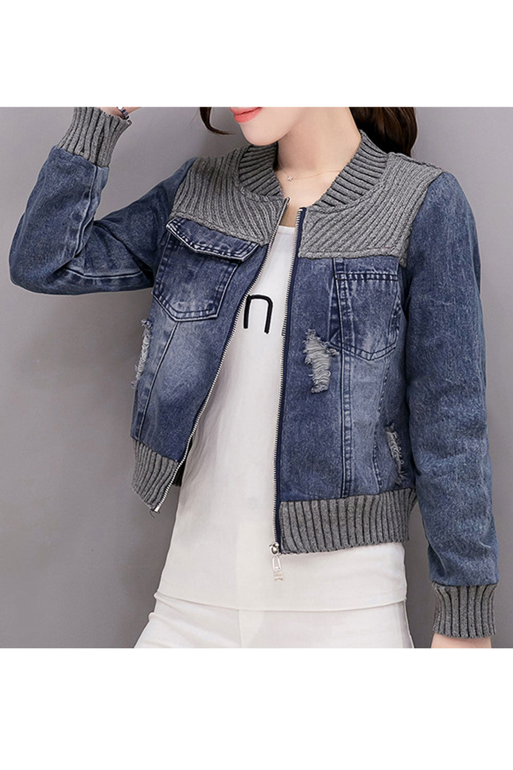Women Easy Round Neck Warm Elastic Cuff & Hem Long Sleeve Zipper Closure Denim Jacket