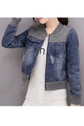 Women Easy Round Neck Warm Elastic Cuff & Hem Long Sleeve Zipper Closure Denim Jacket