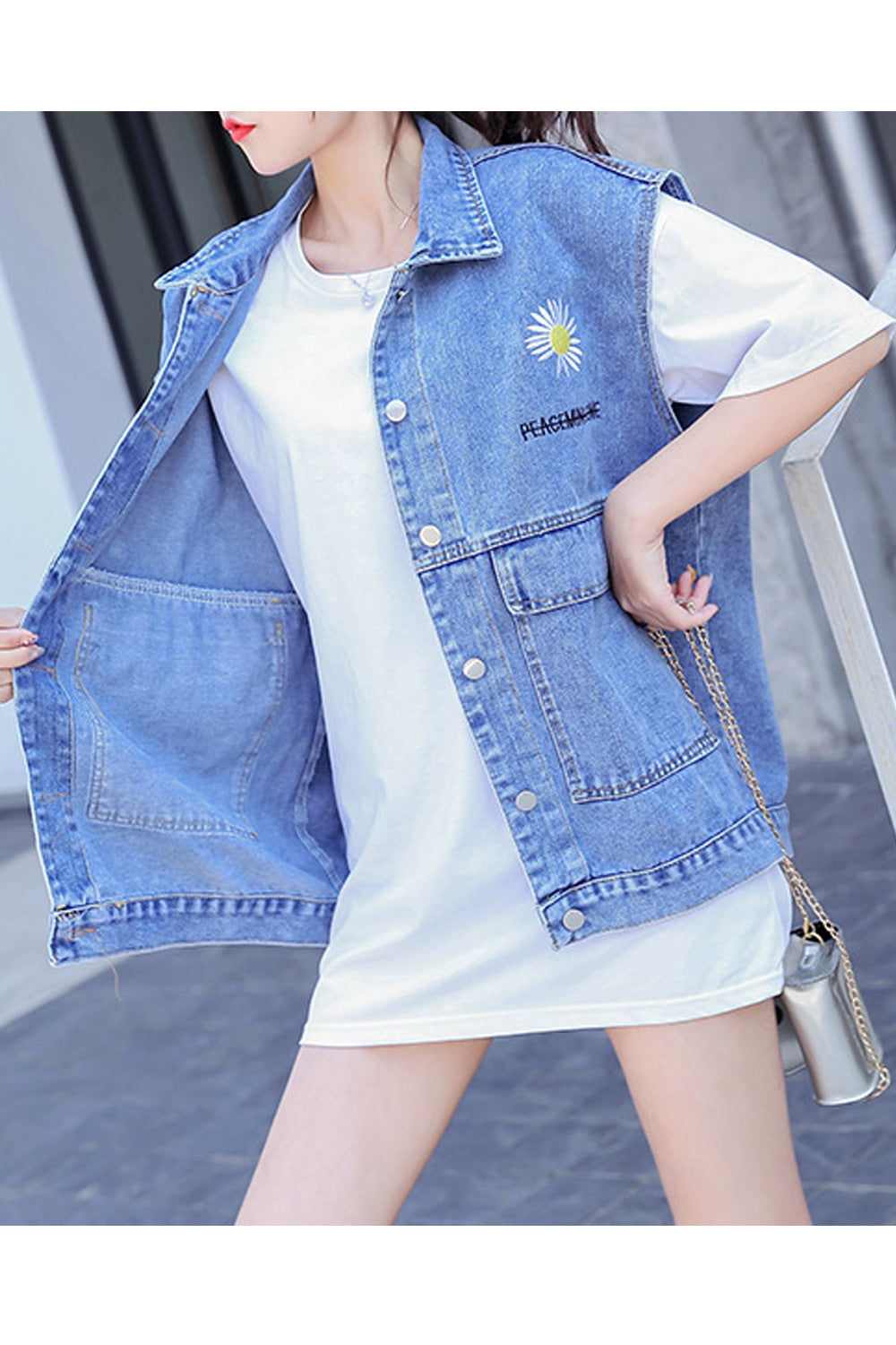 Women Sleeveless Flower Embroidery Button Closure Pocket Styling Trendy Denim Vest Jacket
