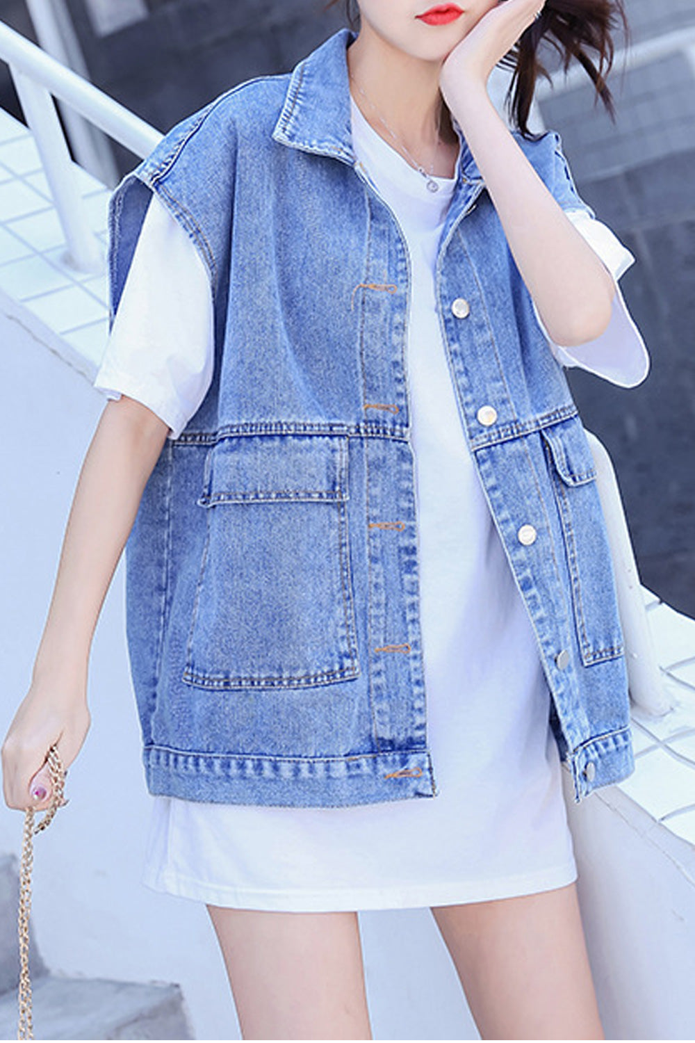 Women Sleeveless Flower Embroidery Button Closure Pocket Styling Trendy Denim Vest Jacket