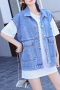 Women Sleeveless Flower Embroidery Button Closure Pocket Styling Trendy Denim Vest Jacket