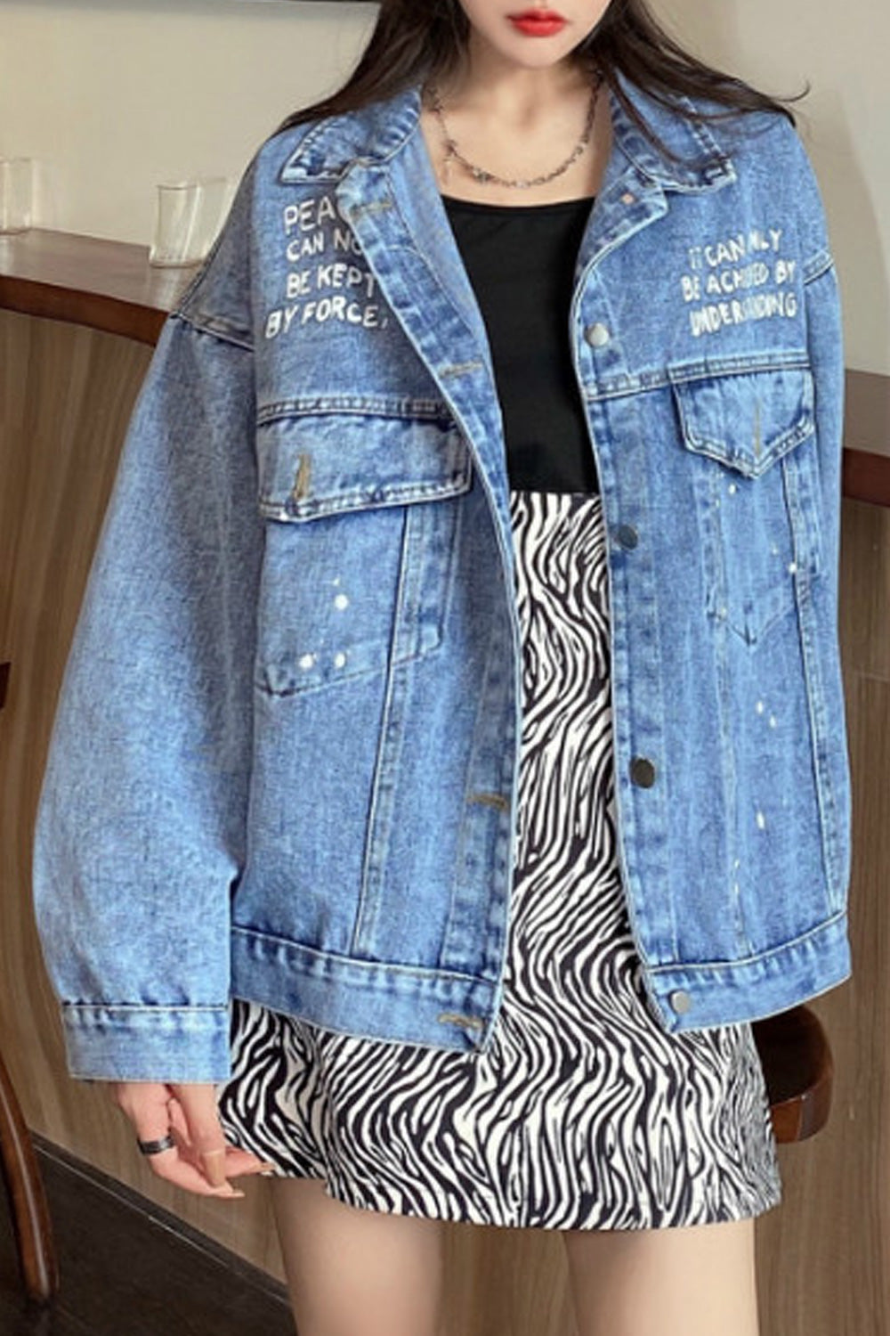 Women Stylish Letter Printed Mid Length Magnificent Classy Breathable Denim jacket