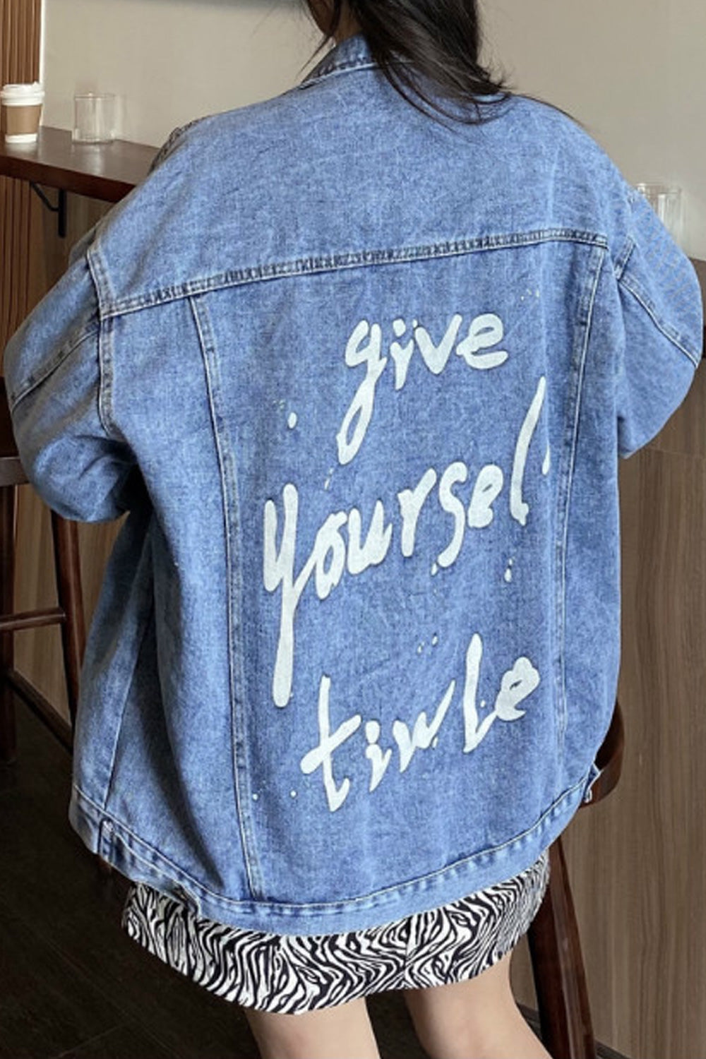 Women Stylish Letter Printed Mid Length Magnificent Classy Breathable Denim jacket